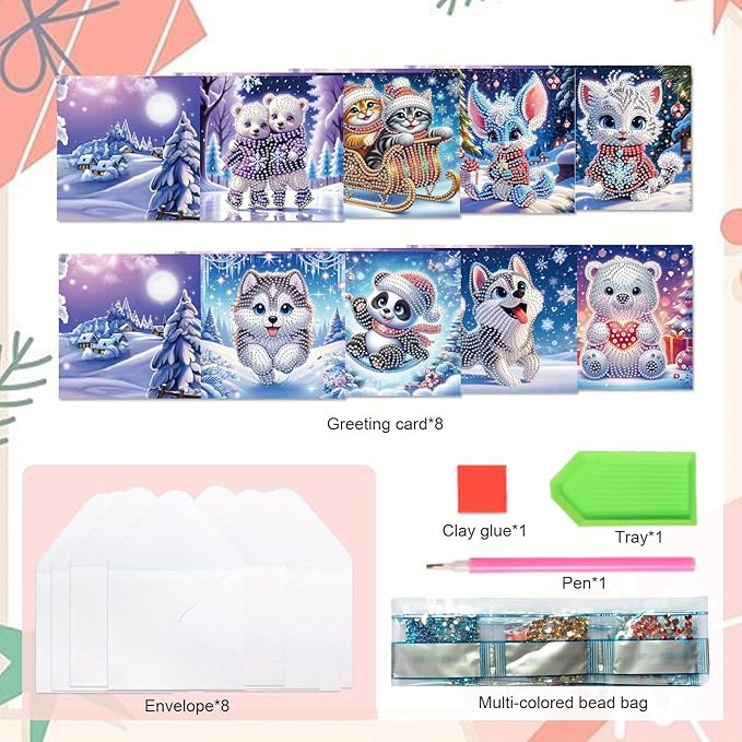 Tontut 8pcs Diamond Art Painting Greeting Card, Bear, Dog, Cat Animals 5D DIY Special Shape Diamond Painting Christmas Birthday Greeting Card Creative Gifts