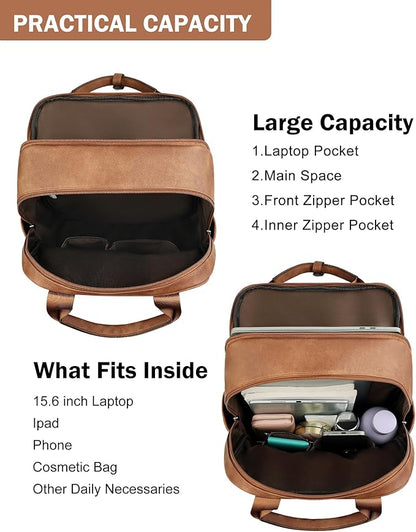 MASINTOR Leather Laptop Backpack for Women, Stylish Computer Backpack College Business Work Shoulder Bags Work and Travel Mocha Brown