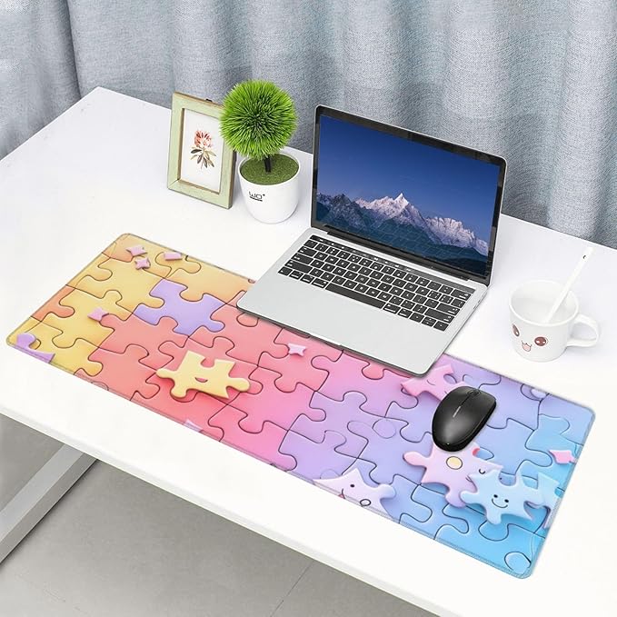 Gaming Mouse Pad Desk Pad,Extended Big Mouse Pad,31.5x11.8 Inch Long Computer Keyboard Mouse Mat Mousepad with 3mm Non-Slip Base and Stitched Edge for Gaming and Office… (Multicoloured Puzzle)