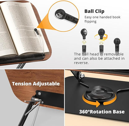 Book Stand for Reading, Adjustable Book Holder with 360° Rotating Bases, Foldable Designs, and Elastic Clips, Multifunctional Display Stand for Recipe, Cookbooks, Magazines, Tablets, Laptops