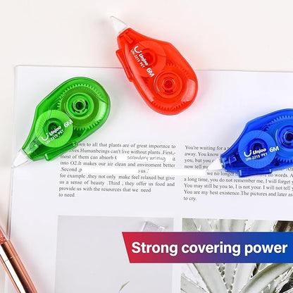 White Correction Tape, Easy To Use Applicator for Instant Corrections Wrong Writing At Any Time, For school, Office (6M/256" x 0.2",3 colors,12pack)