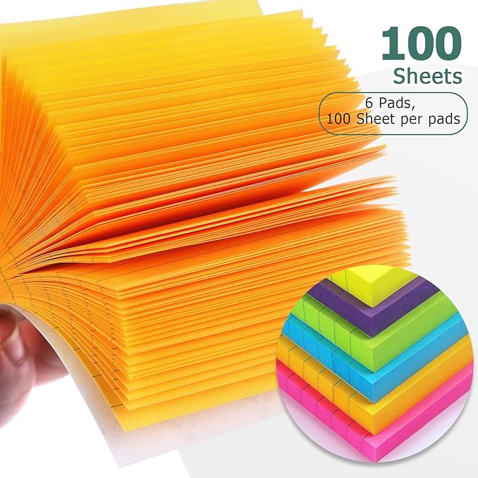 6 Pads Lined Sticky Notes 3x3 Sticky Notes with Lines Self-Stick Note Pads 6 Bright Multi Colors,100 Sheet/Pad