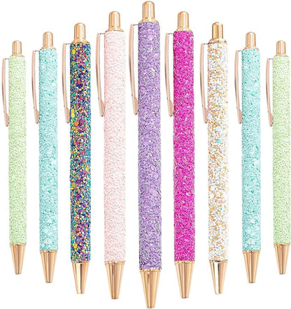 9 Pcs Fancy Pens for Women Glitter Colorful Ballpoint Pens Metal Retractable Pens Black Ink Medium Point 1.0 mm Pretty Cute Sequins Pens Journaling Pens for Women Girls (Fresh style)