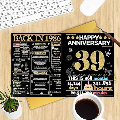 Joycard 39th Anniversary Card for Women Men, Gold Wedding Card for Wife Husband, Sweet Marriage Decorations Gifts for Couple, Perfect for Her Him on Anniversary Day, Back in 1986