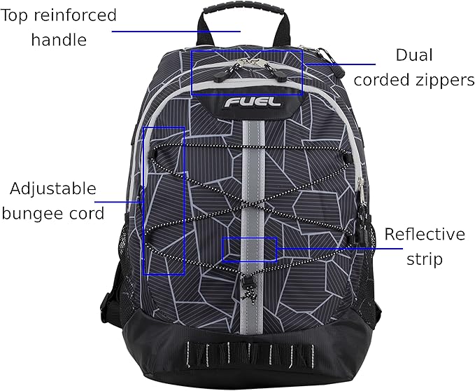 FUEL Hiking Backpack for Women Men Terra Sport, Travel, College, Gym, Work with Laptop Sleeve, Bungee, 18 Inches, Black Geometric