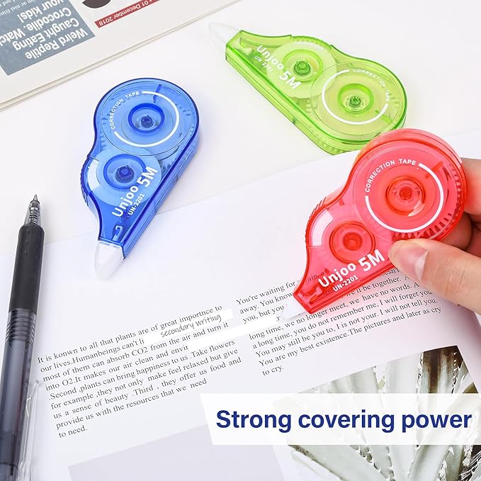 White Correction Tape, Easy To Use Applicator for Instant Corrections Wrong Writing At Any Time, For school, Office (9-pack, 5M/196" x 0.2"in, Red, Green, Blue)
