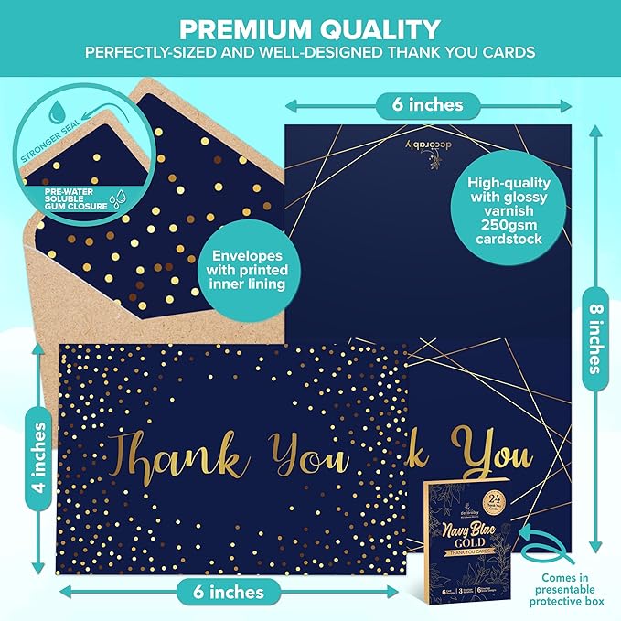 Decorably 24 Pack Gold-Foiled 6x4in Blue and Gold Thank You Cards with Envelopes and Stickers, 24 Stylish Designs Navy Thank You Cards, Blank Inside - Birthday, Wedding, Anniversary