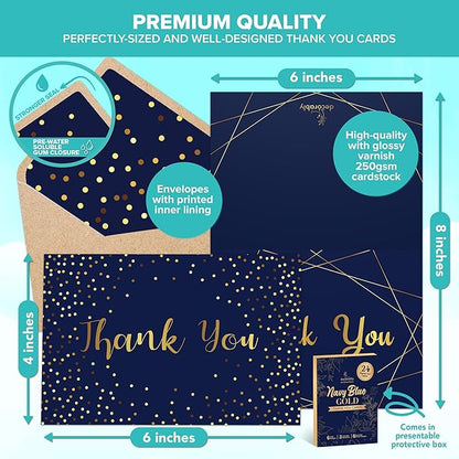 Decorably 24 Pack Gold-Foiled 6x4in Blue and Gold Thank You Cards with Envelopes and Stickers, 24 Stylish Designs Navy Thank You Cards, Blank Inside - Birthday, Wedding, Anniversary