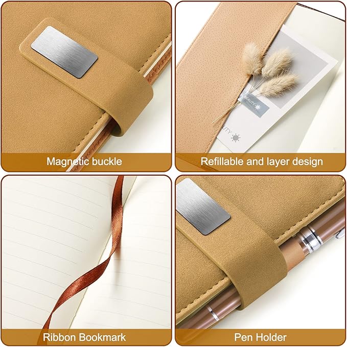 A5 Lined Leather Journal with Pen, 240 Pages Refillable Hardcover Notebook with Pocket and Magnetic Buckle, 80gsm Thick Daily Diary for Men and Women, Great Gift for Business School Travel Personal -