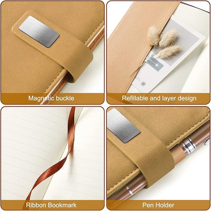 A5 Lined Leather Journal with Pen, 240 Pages Refillable Hardcover Notebook with Pocket and Magnetic Buckle, 80gsm Thick Daily Diary for Men and Women, Great Gift for Business School Travel Personal -