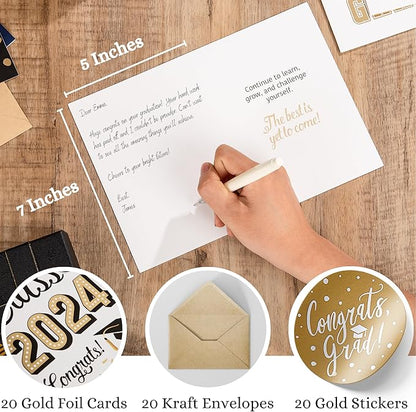 Paper Play Gold Foil Graduation Cards Assortment Bulk Pack of 20 Congratulations Graduation Card 2024-5x7 Inch with Matching Stickers & Kraft Envelopes, Graduation Cards Bulk College & High School