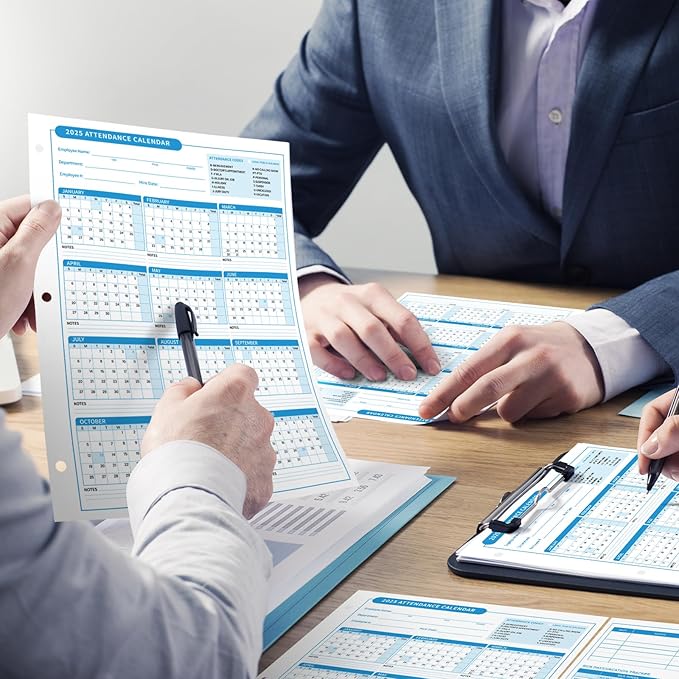 ReliThick 50 PCS 2025 Attendance Calendar Card Stock Paper 2025 Attendance Sheets for 3 Hole Binder Employee Record Folders for Manager, HR, Store Location Managers(Blue)