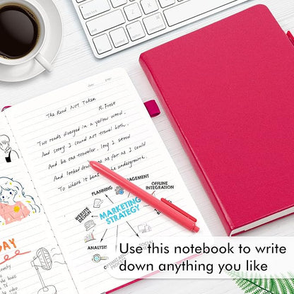 feela 5 Pack Notebooks Journals Bulk, Hardcover Notebook Classic Ruled Lined Journals with Pen Holder for Women Girls School Business Supplies, with 5 Black Pens, 120 GSM, 5.1”x8.3”, A5, Berry