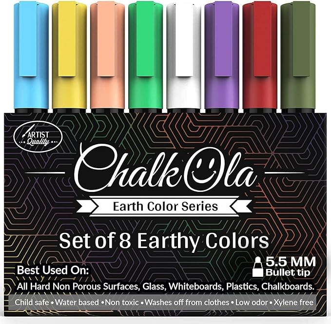 Chalkola 8 Pastel Liquid Chalk Markers for Blackboard, Chalkboard Signs, Window, Labels, Bistro, Glass, Car - Washable Wet Wipe Ink ChalkBoard Markers | 6mm Reversible Tip, Erasable Liquid Chalk Pens