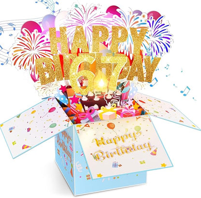 Tnvee 67TH Birthday Cards with Lights & Music & Candle, 3D Large Pop Up Happy Birthday Cards for Women Man Greeting Cards Decorations for 67 Years Old Mom Dad Grandparents