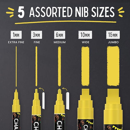 5 Gold Chalkboard Chalk Markers - Gold Dry Erase Markers for Blackboard, Chalkboard Signs, Windows, Glass | Variety Pack - Fine & Jumbo Size Ink Pen (1mm, 3mm, 6mm, 10mm, 15mm)