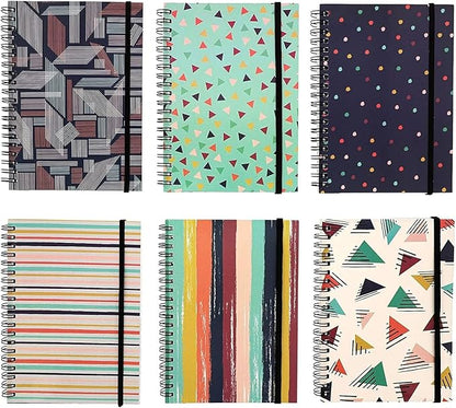 Paper Junkie 6 Pack 5x7 Spiral Notebooks with Pocket - Small Lined Journals with Elastic Closure for School, Work (6 Designs)