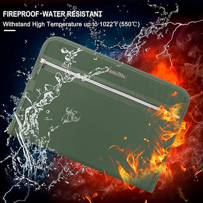 Fireproof Safe Accordion File Organizer Bag Folder,Waterproof Expanding Filing Folder with 14 Pockets, A4 Letter Size, Document Organizer Holder and Color Labels /2 Zipper (Green 14.3" x 9.8")