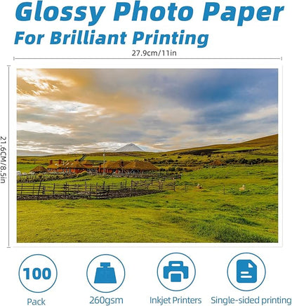 Uinkit 100 Sheets Heavyweight Thick Glossy Photo Paper Single side 8.5x11 Inkjet 68lb 260Gsm DIY Greeting Card Placemat Craft Project Signage Christmas Poster 11.8Mil for Inkjet printer