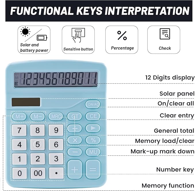 Golcellia Calculators Desktop, Blue Calculator, Cute Calculator 12 Digit Desk Calculator Large Display, Dual Power Solar Battery, Office Home School Supplies for Adults & Students