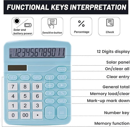 Golcellia Calculators Desktop, Blue Calculator, Cute Calculator 12 Digit Desk Calculator Large Display, Dual Power Solar Battery, Office Home School Supplies for Adults & Students