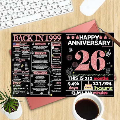Joycard 26th Anniversary Card for Women, Wedding Card for Wife, Sweet Marriage Decorations Gifts for Couple, Perfect for Her on Anniversary Day, Back in 1999
