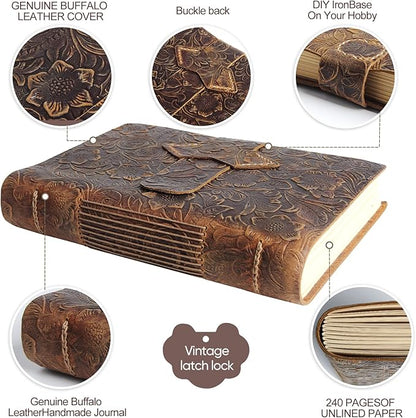 Leather Journal Notebook - Rustic Handmade Vintage Leather Bound Journals with Pencil Case for Men and Women - Leather Craft Unlined Paper 400 Pages, Leather Book Diary Notebook (8.6" x 6")