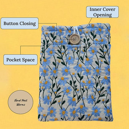 Embroidered Blue Daisy Book Sleeve. Book Cover/Protector