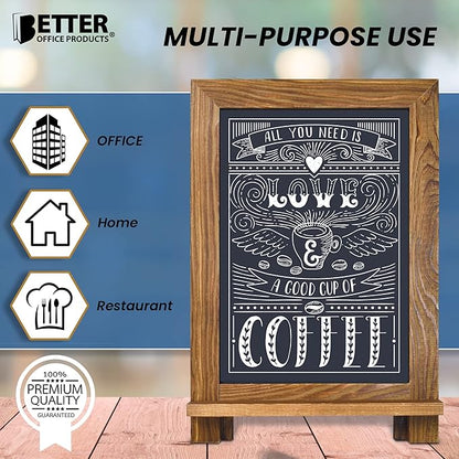 Better Office Products Framed Tabletop Chalkboard Sign, 9.5" x 14", Rustic Wood Frame, Small Magnetic Chalkboard, Built-in Ledge and Folding Stand, One White Chalk Marker Included,(Rustic Brown)