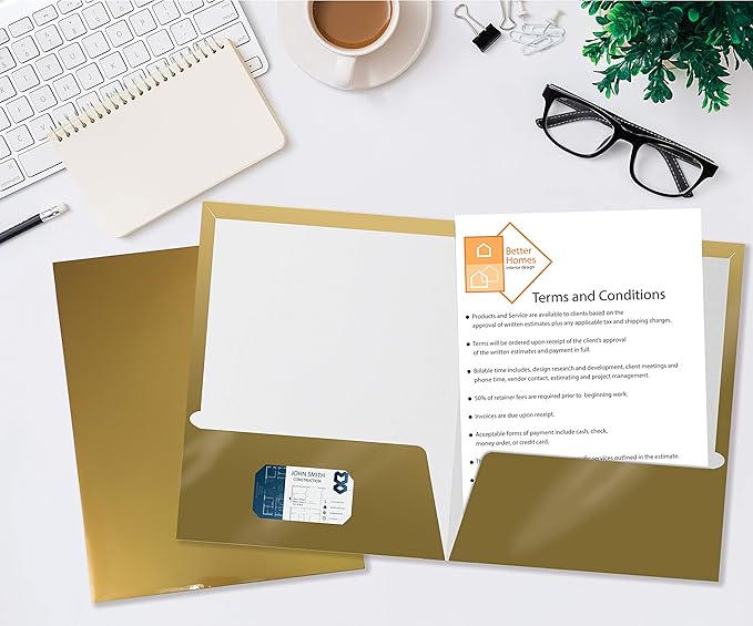 Better Office Products 2 Pocket Glossy Laminated Metallic Gold Paper Folders, Letter Size, 25 Pack, Paper Portfolios Box of 25