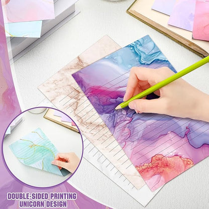TaoBary 160 Packs Stationery Paper Set (50 Double Sided Stationery Writing Papers 50 Matching Envelopes) 60 Round Dot Sticker, 10 Design(Marble,5.5 x 8.25 Inch)