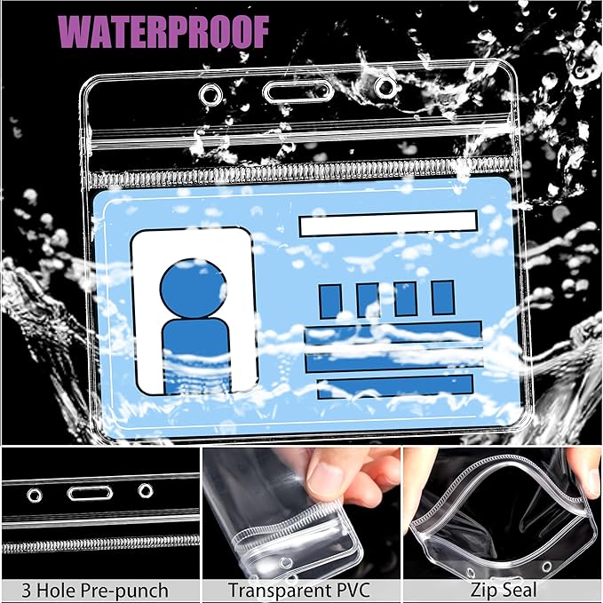 100Pcs Clear Plastic Horizontal Name Tags Badge ID Card Holders and 100Pcs Lanyards with Clip (Purple)