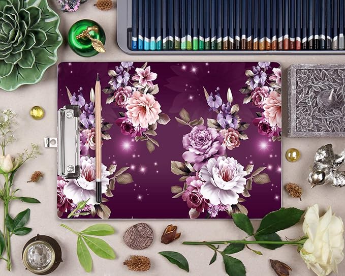 WAVEYU Letter Size Clipboard, Cute Decorative Clipboard with Low Profile Clip for Students Nurse Flower Clipboard Designed for Office School, Purple Flower (12.5"x9")