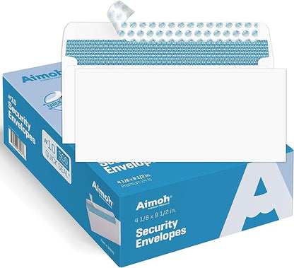 Aimoh #10 Security Self-Seal Envelopes - 1 Case - 5 Packs - 2500 Envelopes, Windowless, Security Tint Pattern, Quick-Seal Closure - EnveGuard - Size 4-1/8 x 9-1/2 Inches - White - 24 LB (34010-CS)