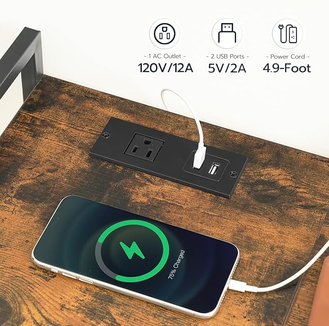 HOOBRO Printer Stand with Charging Station, Printer Shredder Stand with Fabric Drawer, Table for Fax Machine, Printer Storage Office Organizer, for Home Office, Rustic Brown and Black BF72UPS01