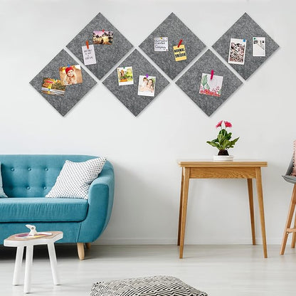 AKTOP Cork Bulletin Board 12x12, 1/2" Thick Felt Cork Board Tiles 9 Pack, Small Square Pin Board for Wall, Self Adhesive Corkboards with 120 Push Pin Wood Clips for School, Home & Office, Grey