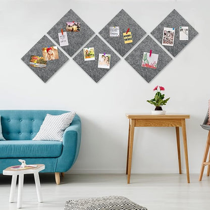 AKTOP Cork Bulletin Board 12x12, 1/2" Thick Felt Cork Board Tiles 6 Pack, Small Square Pin Board for Wall, Self Adhesive Corkboards with 60 Push Pin Wood Clips for School, Home & Office, Grey