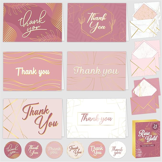 Decorably 24 Pack Gold-Foiled 6x4in Rose Gold Thank You Cards with Envelopes and Stickers, 6 Elegant Designs Pink Thank You Notes, Blank Inside - Wedding, Baby Shower, Birthday