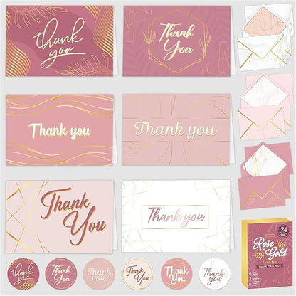 Decorably 24 Pack Gold-Foiled 6x4in Rose Gold Thank You Cards with Envelopes and Stickers, 6 Elegant Designs Pink Thank You Notes, Blank Inside - Wedding, Baby Shower, Birthday