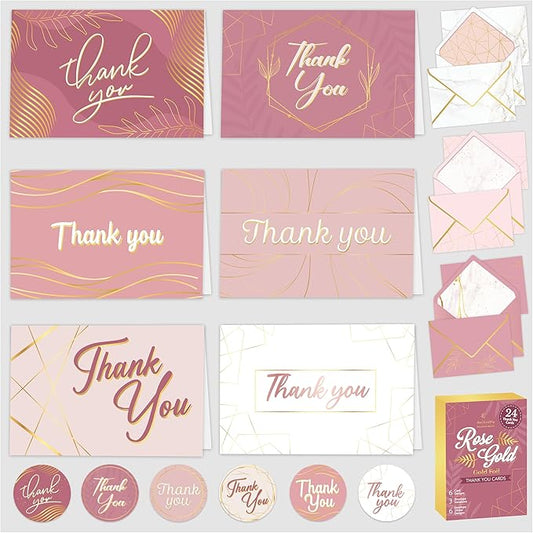 Decorably 24 Pack Gold-Foiled 6x4in Rose Gold Thank You Cards with Envelopes and Stickers, 6 Elegant Designs Pink Thank You Notes, Blank Inside - Wedding, Baby Shower, Birthday