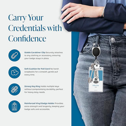 Will Well ID Badge Holders with Clip and Keyring - Vertical Clear Plastic 3.58" x 2.52" Sleeves Fit Up to 3 Cards - Retractable 24" UHMWPE Fiber Pull Cords for Easy Access - 5-Pack, Black Reels