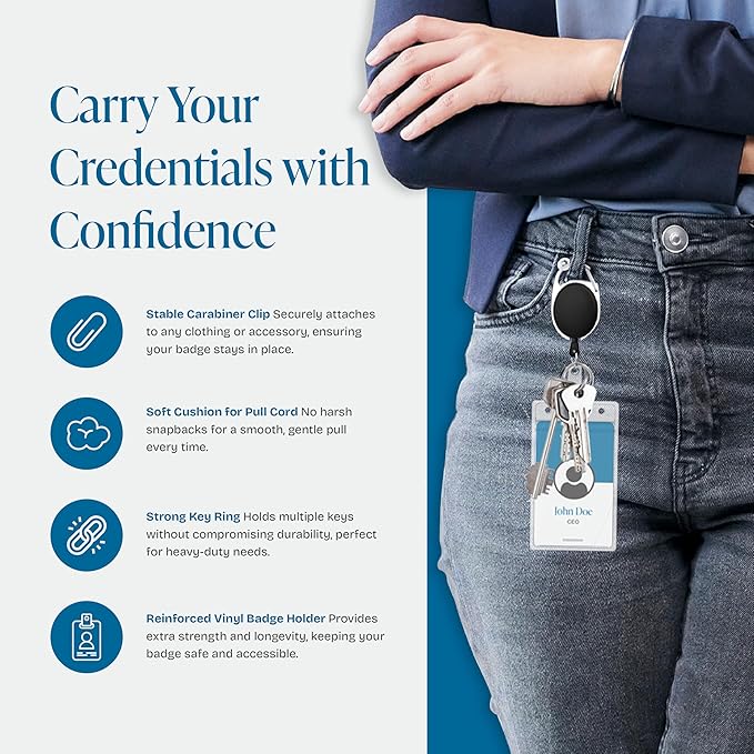 Will Well ID Badge Holders with Clip and Keyring - Vertical Clear Plastic 2.52" x 3.58" Sleeves Fit Up to 3 Cards - Retractable 24" UHMWPE Fiber Pull Cords for Easy Access - 2-Pack, Black Reels