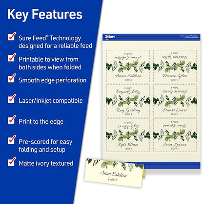 Avery Printable Place Cards with Sure Feed Technology, 1-7/16" x 3-3/4", Textured Ivory, 150 Blank Tent Cards for Laser or Inkjet Printers (5012)