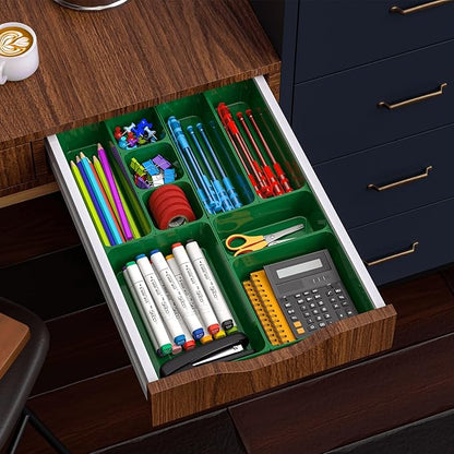 7 Pcs Plastic Drawer Organizer Set,4 Size Small Storage Containers for Organizing Jewelry,Utensil,Junk,Tea,Makeup,Shallow Drawer Organizers Tray Suitable for Office,Desk,Bathroom,Vanity,Kitchen,Green