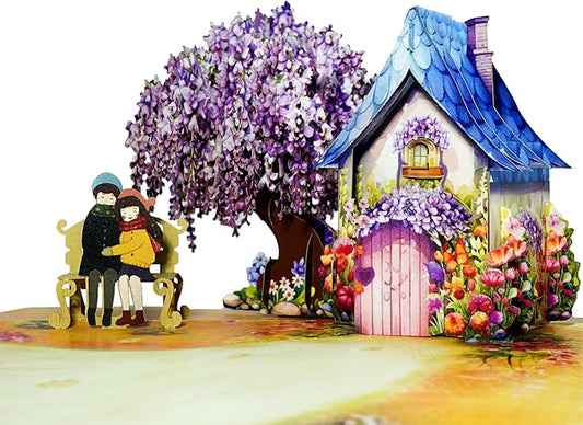 Romantic Couple with Flowering Wisteria and Charming Homestead Design, Valentines Pop Up Cards, Happy Anniversary Pop Up Cards - Perfect Handmade Present for Girlfriend, Wife or Couple