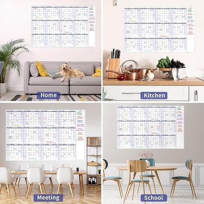 Large Dry Erase Calendar – Yearly Wall Calendar Dry Erase, 57.9" x 37", 12-Month Undated Calendar, Reusable Laminated with 15 Stickers - Purple