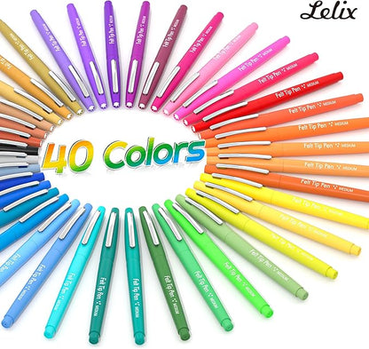 Lelix 40 Colors Felt Tip Pens, Medium Point Felt Pens, Assorted Colors Markers Pens For Journaling, Writing, Note Taking, Planner Coloring, Perfect as Art Office and School Supplies