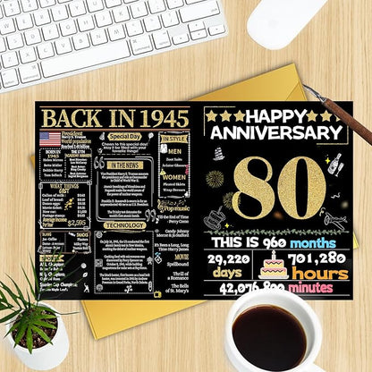 Joycard 80th Anniversary Card for Women Men, Gold Wedding Card for Wife Husband, Sweet Marriage Decorations Gifts for Couple, Perfect for Her Him on Anniversary Day, Back in 1945