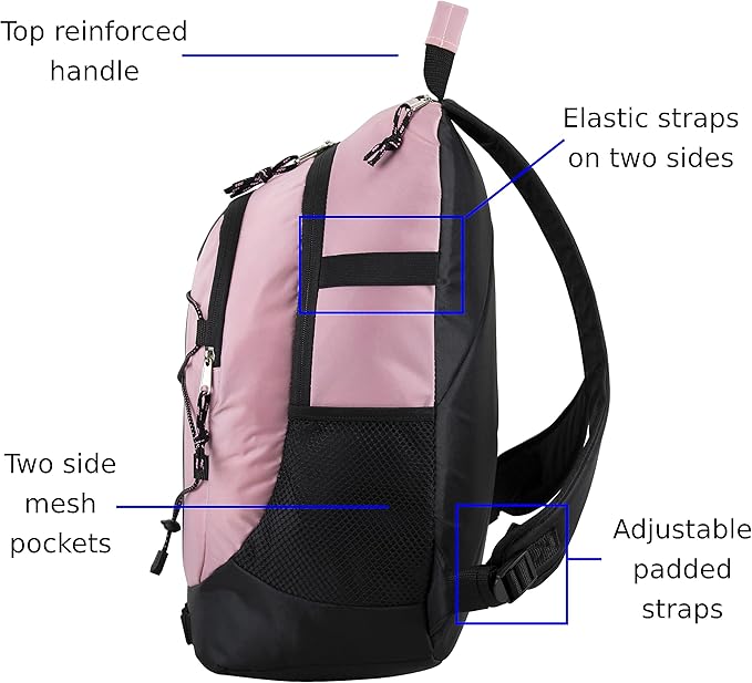 FUEL Hiking Backpack for Women Men Terra Sport, Travel, College, Gym, Work with Laptop Sleeve, Bungee, 18 Inches, Pink