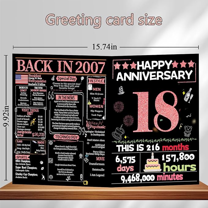 Joycard 18th Anniversary Card for Women, Wedding Card for Wife, Sweet Marriage Decorations Gifts for Couple, Perfect for Her on Anniversary Day, Back in 2007